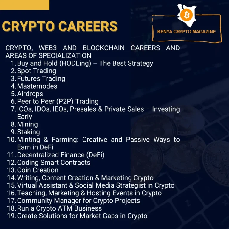 List of 19 crypto, Web3, and blockchain career paths including trading, staking, DeFi, content creation, and smart contract development by Kenya Crypto Magazine.